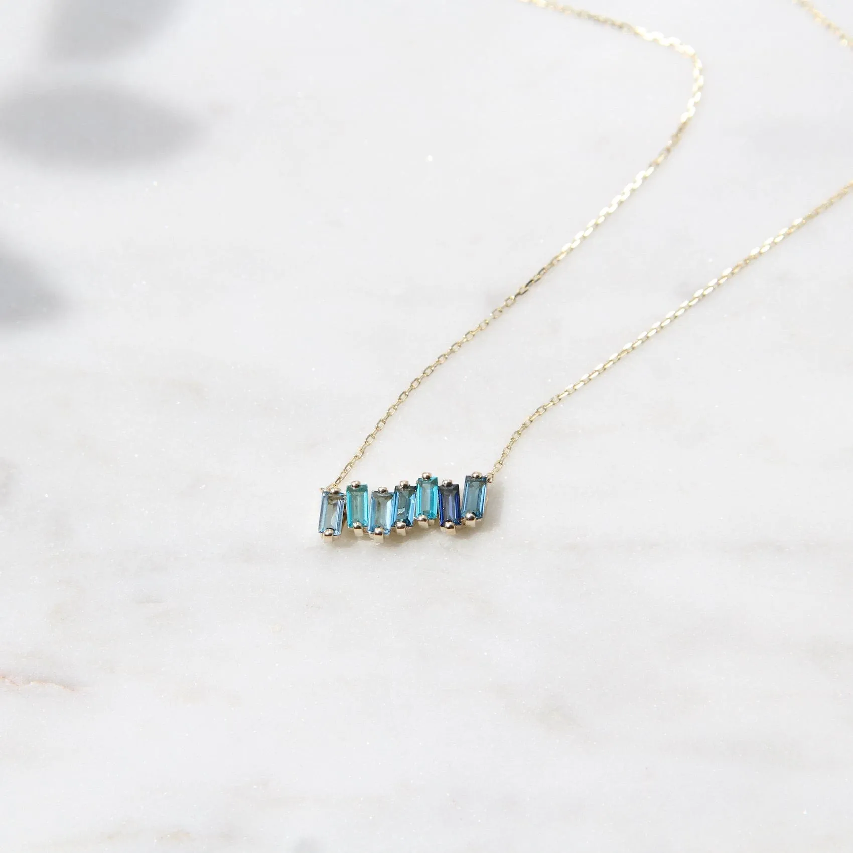 14k Gold Mixed Blue Baguette Bar Necklace