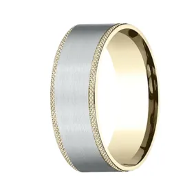 14K White and Yellow Gold Satin Finish Ring with Knurl Gold Detailed Edges-8mm