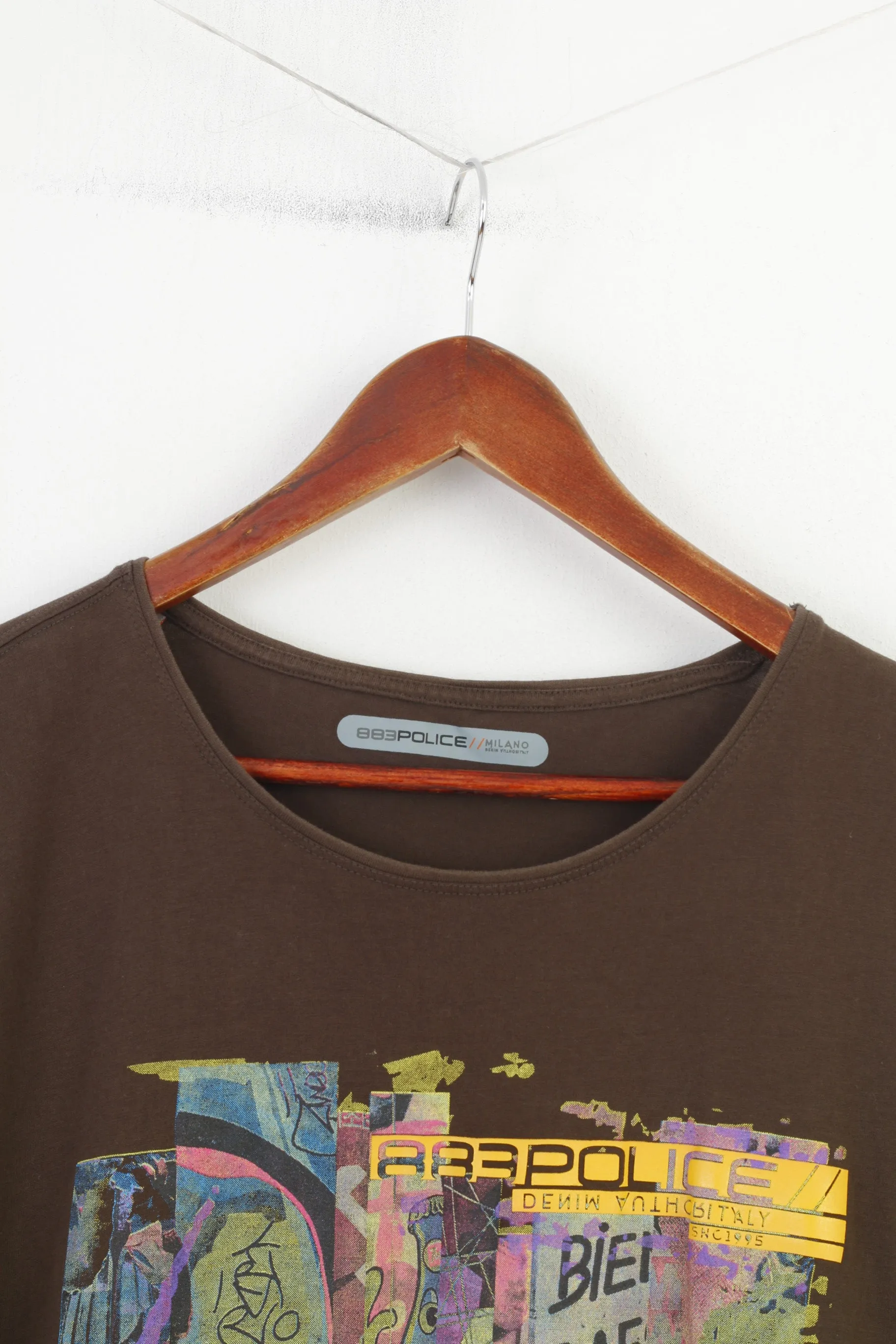 883 Police Men S T-Shirt Brown Cotton Graphic Graffiti Casual Top