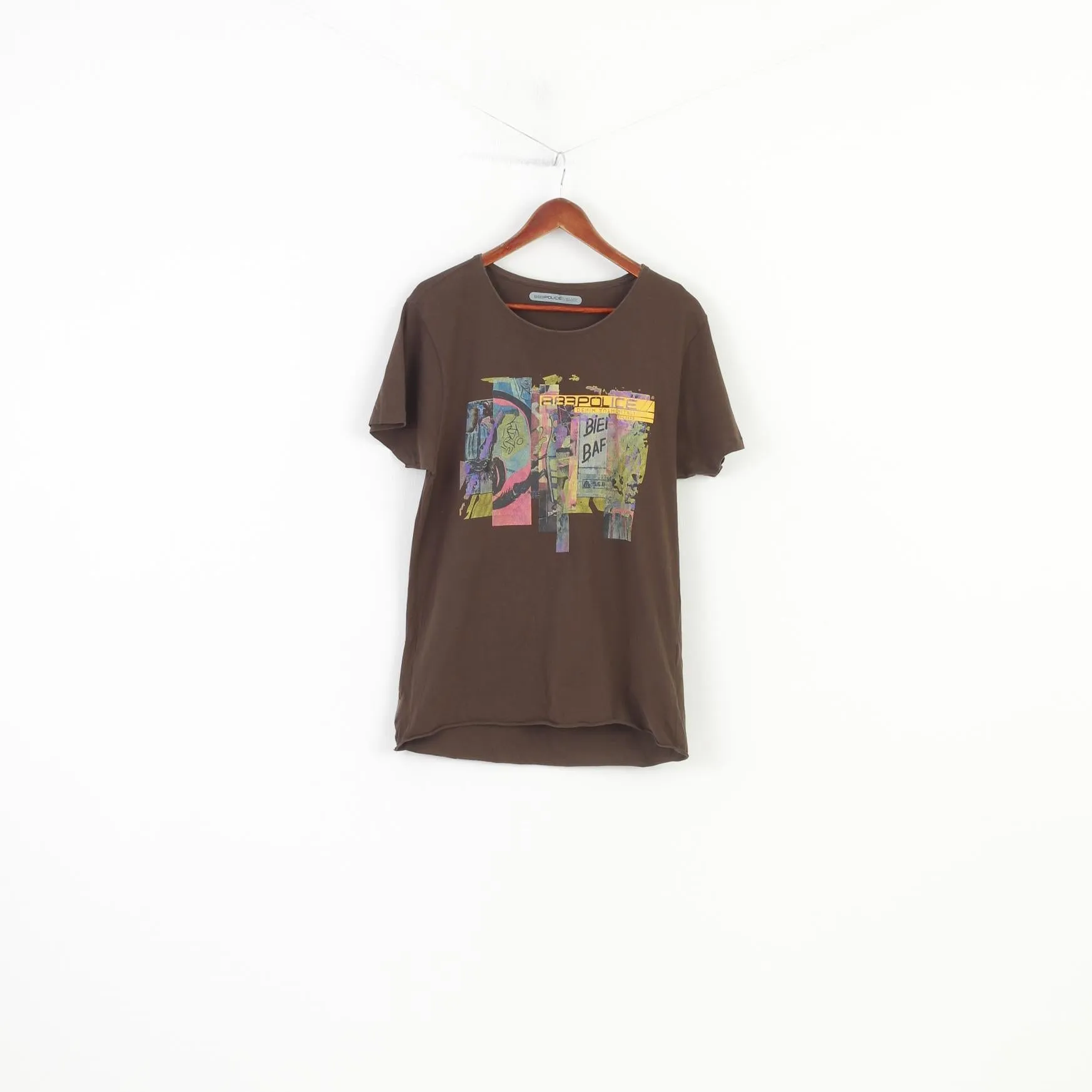 883 Police Men S T-Shirt Brown Cotton Graphic Graffiti Casual Top