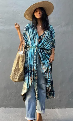 Bohemian Long Kimono, Beach Cover Ups Kimono, Tie Dye Kimono, Swimsuit Cape Summer Dress, Beachwear Cover Up Dress