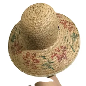 Braided Straw Wide Brim Garden Hat with Red Painted Flowers circa 1940s