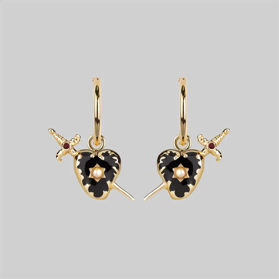 DEVOTION. Black Heart & Sword Hoop Earrings - Gold