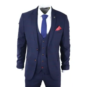 Edinson - Men's Navy Check 3 Piece Suit Red Edinson Marc Darcy Classic Wedding