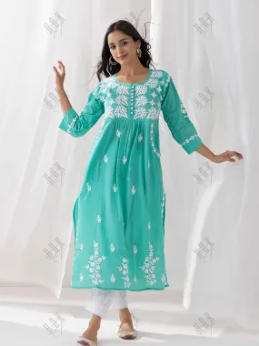 Fizaa Chikankari Kurta in Cotton Round Neck Sea Green