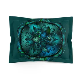 Green Mandala Art Microfiber Pillow Sham - Hand-Drawn Design