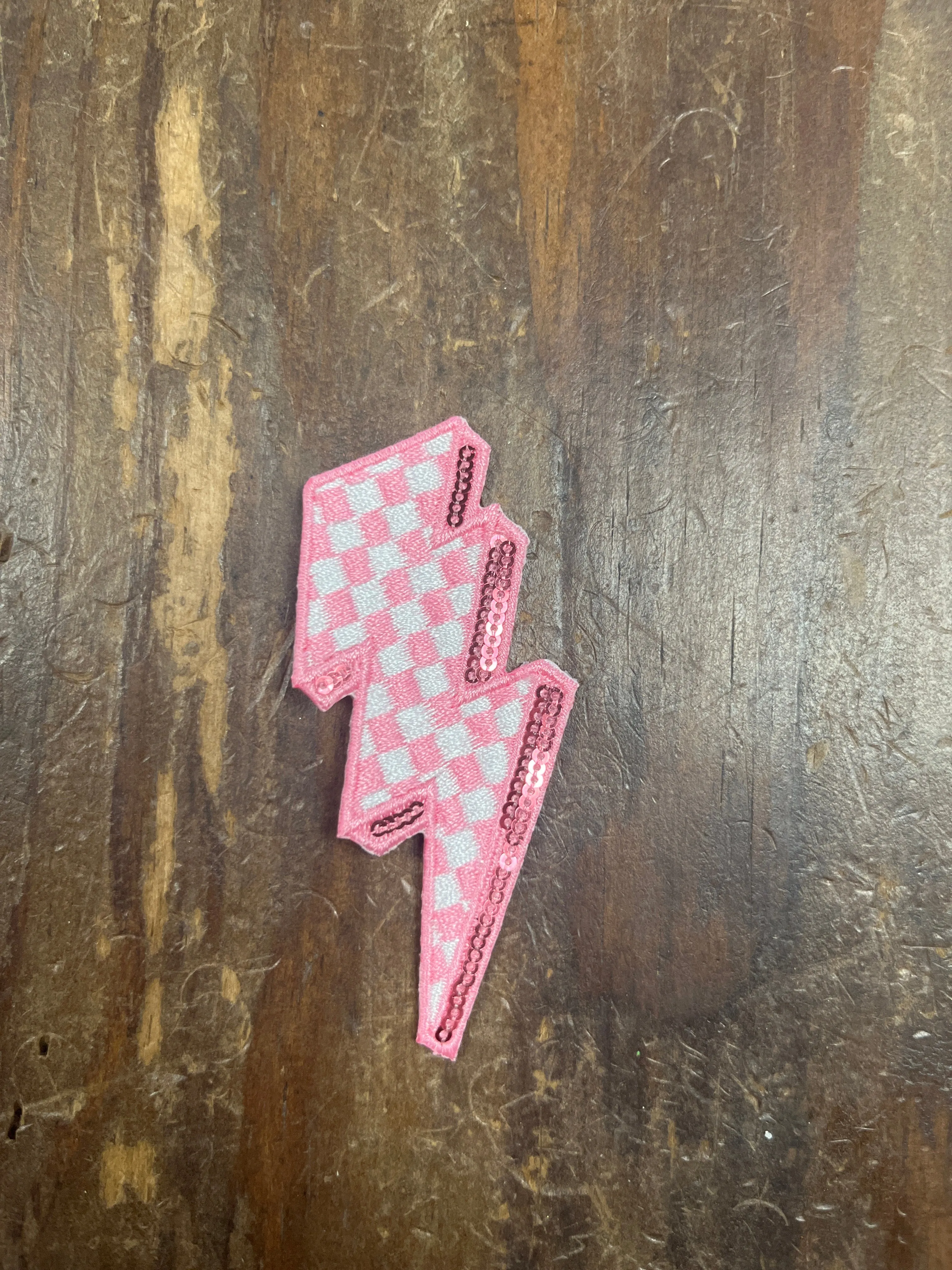 Pink Sequin Checkered Lightning Bolt Patch