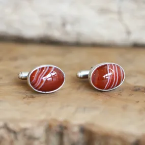 Red Banded Agate Cuff Links - .925 Sterling Silver Cufflinks - Silversmith - Red Agate Cufflinks