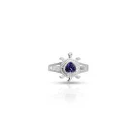 Silver Center Purple Heart Shape Gem Stone with Turtle Design Ring for Girls